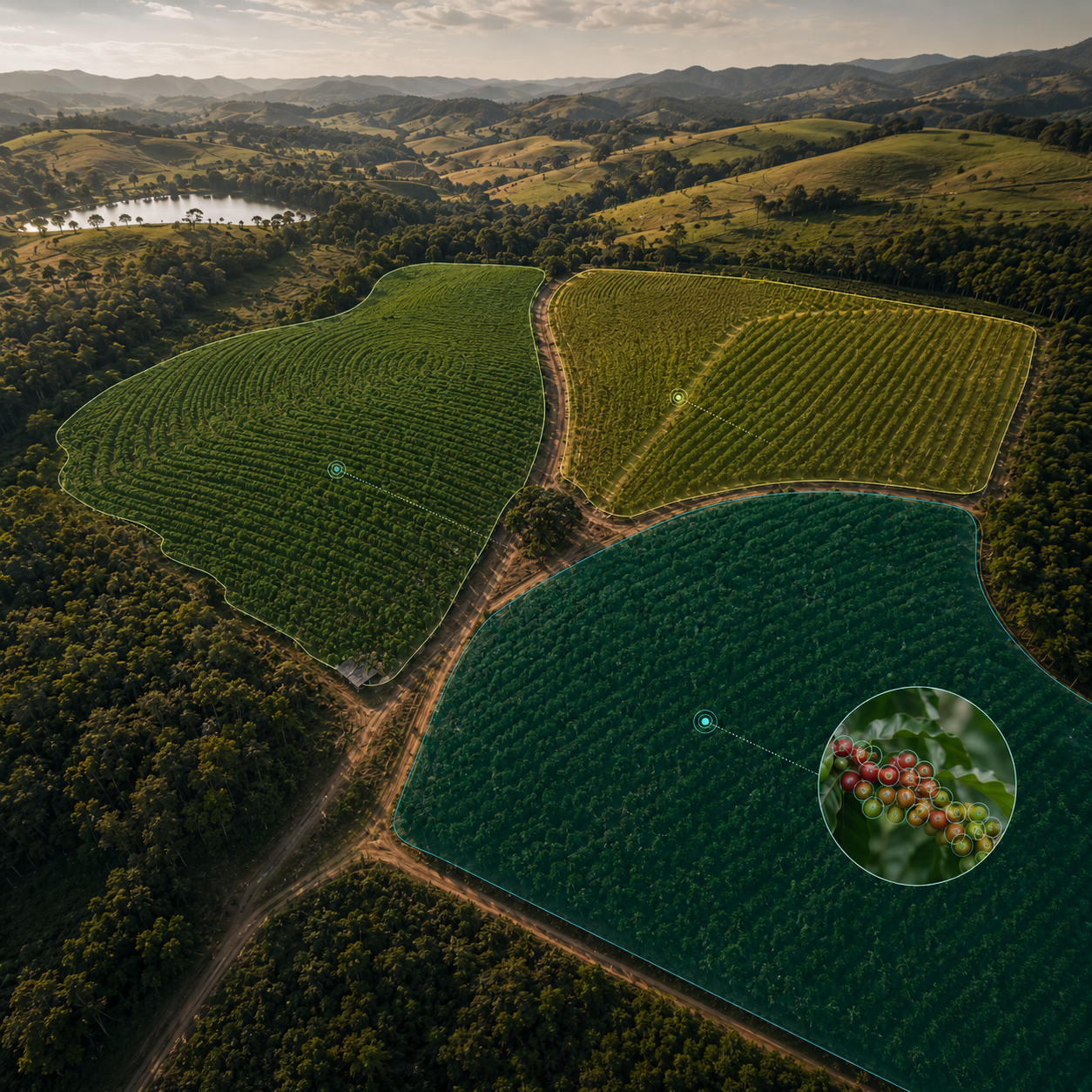 Vista aérea de talhões de café monitorados pelo CafeVision